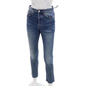 CQY Womens Cotton Slim Leg Button Fly Medium Wash Raw Hem Jeans Blue Size 26